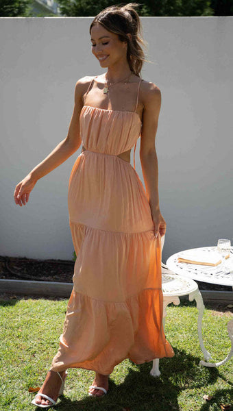 Orange Cutout Waist Slip Midi Dress