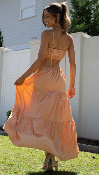 Orange Cutout Waist Slip Midi Dress