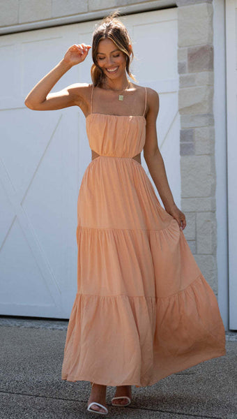 Orange Cutout Waist Slip Midi Dress