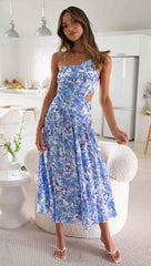 Blue Floral Cutout Slip Midi Dress