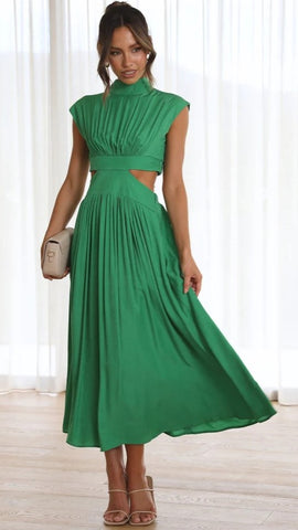 Green Cutout Waist Midi Dress