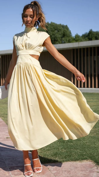 Yellow Cutout Waist Midi Dress