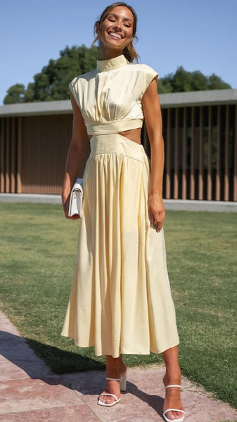 Yellow Cutout Waist Midi Dress