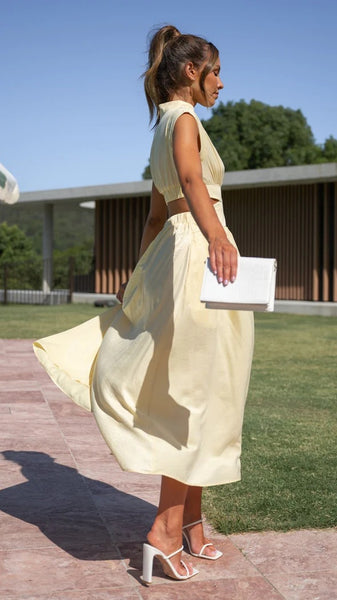 Yellow Cutout Waist Midi Dress