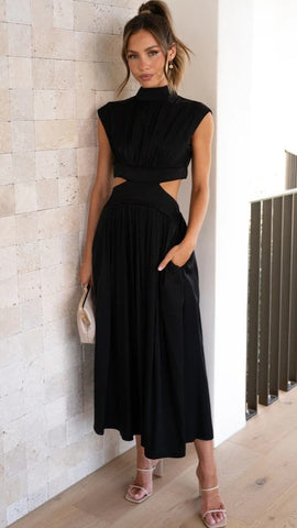 Black Cutout Waist Midi Dress