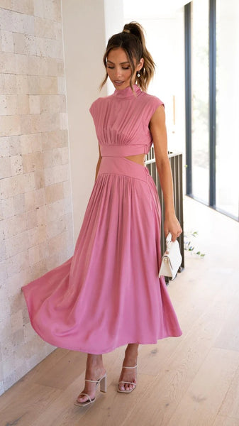 Pink Cutout Waist Midi Dress