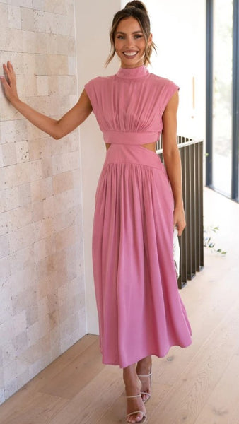 Pink Cutout Waist Midi Dress