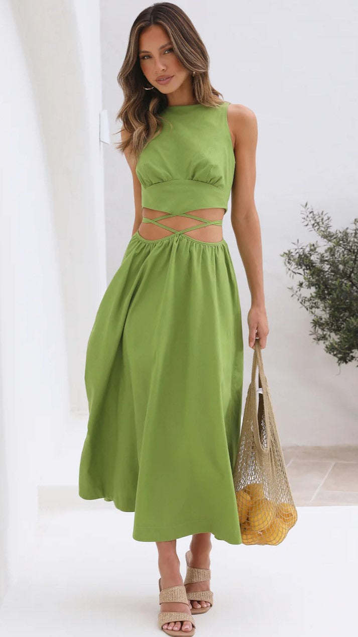Green Cutout Waist Midi Dress