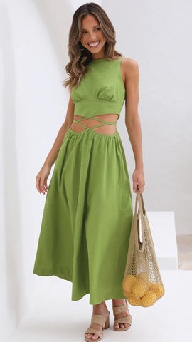 Green Cutout Waist Midi Dress