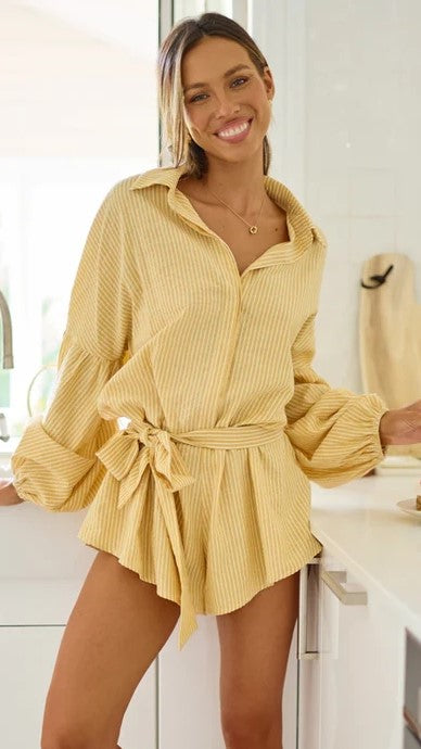 Yellow Striped Long Sleeves Romper