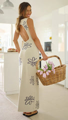 Cream Floral Silhouette Knit Maxi Dress