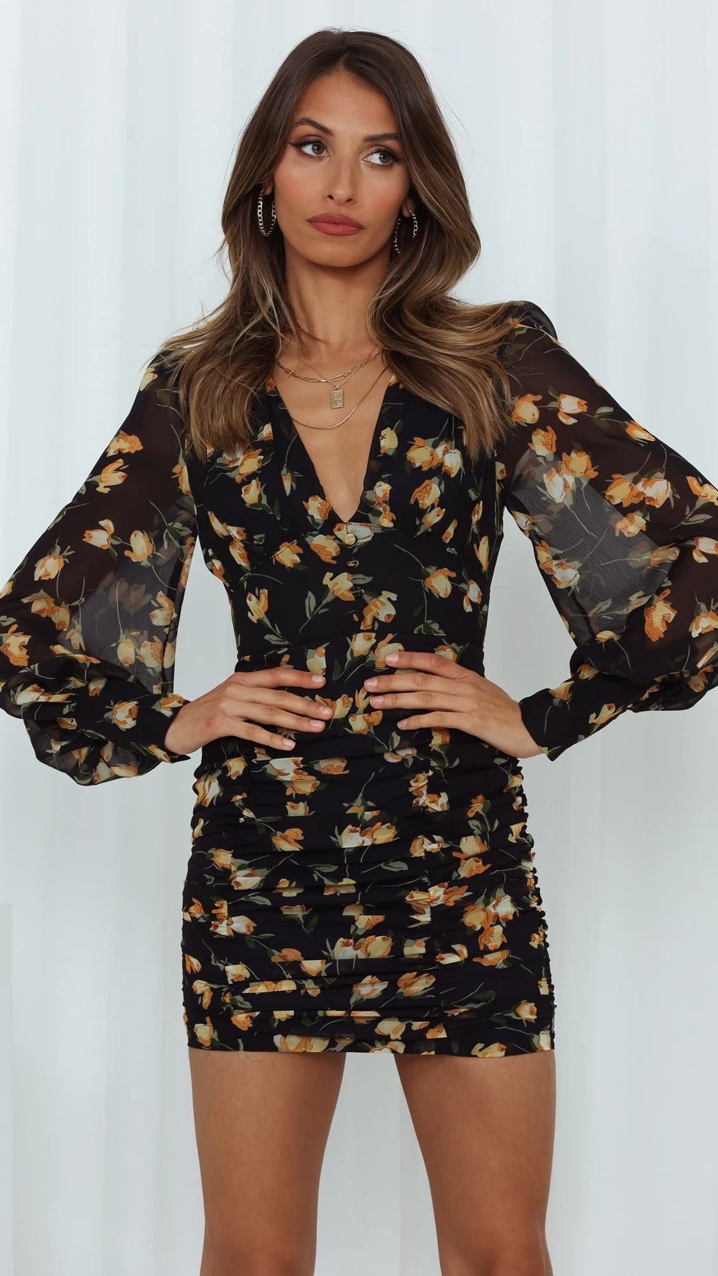 Black Floral Long Sleeves Bodycon Dress