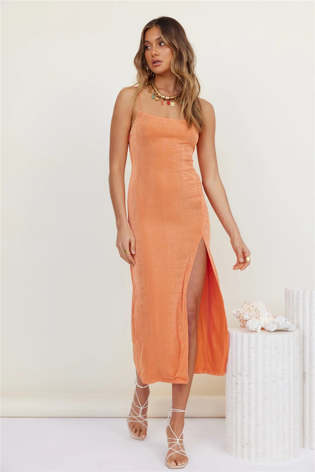 Orange Solid Slip Midi Dress