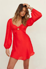 Red Solid Long Sleeves Dress