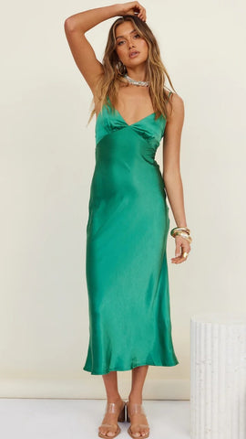 Hunter Green Satin Midi Dress