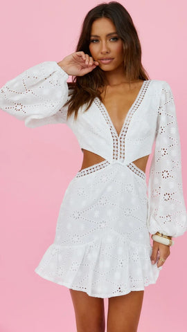 White Long Sleeves Cutout Dress