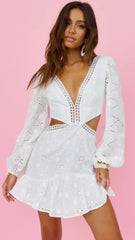 White Long Sleeves Cutout Dress