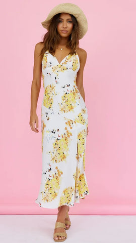 Yellow Floral High Slit Midi Dress