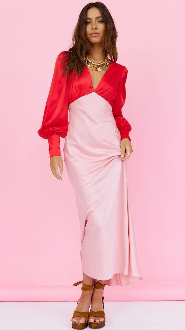 Pink Colorblocked Long Sleeves Midi Dress