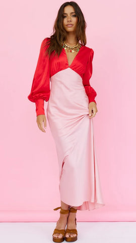 Pink Colorblocked Long Sleeves Midi Dress