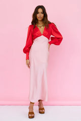 Pink Colorblocked Long Sleeves Midi Dress