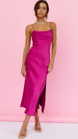 Fuchsia Satin Slip Midi Dress