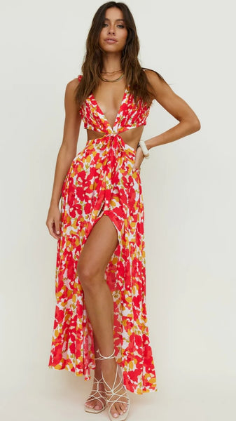 Red Floral Cutout Midi Dress