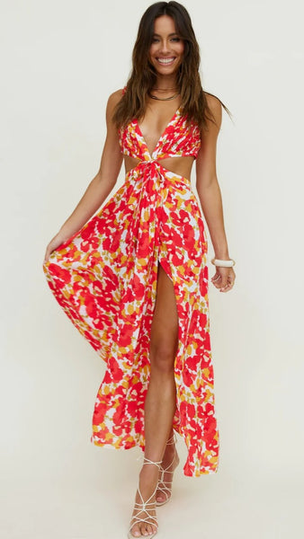 Red Floral Cutout Midi Dress