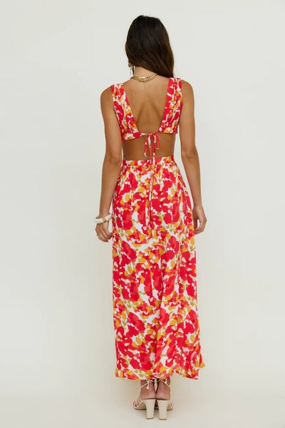 Red Floral Cutout Midi Dress