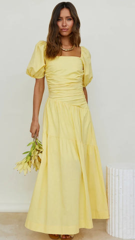 Yellow Pleated Midi Dress