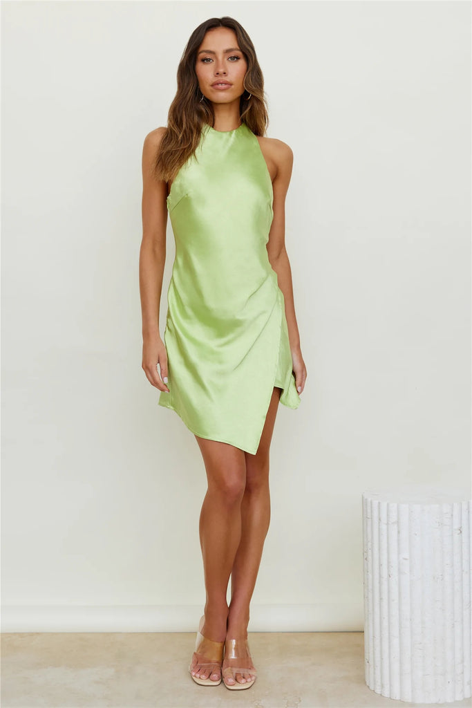 Lime Green Satin Halter Mini Dress Gabi Swimwear Lime Green Satin Halter Mini Dress Gabi Swimwear