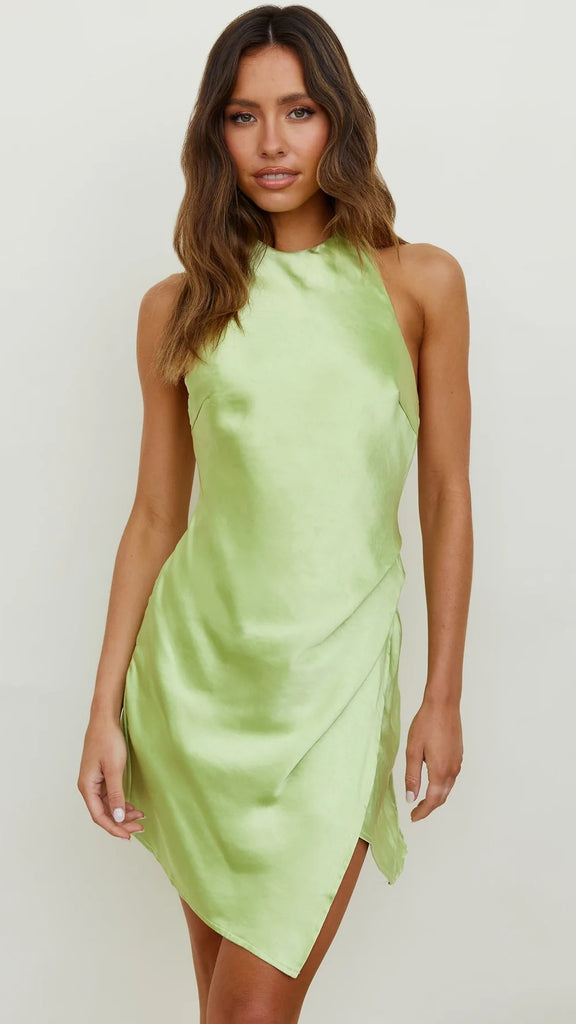 Lime Green Satin Halter Mini Dress Gabi Swimwear Lime Green Satin Halter Mini Dress Gabi Swimwear