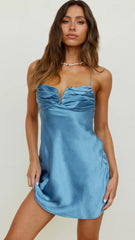 Slate Blue Satin Slip Mini Dress
