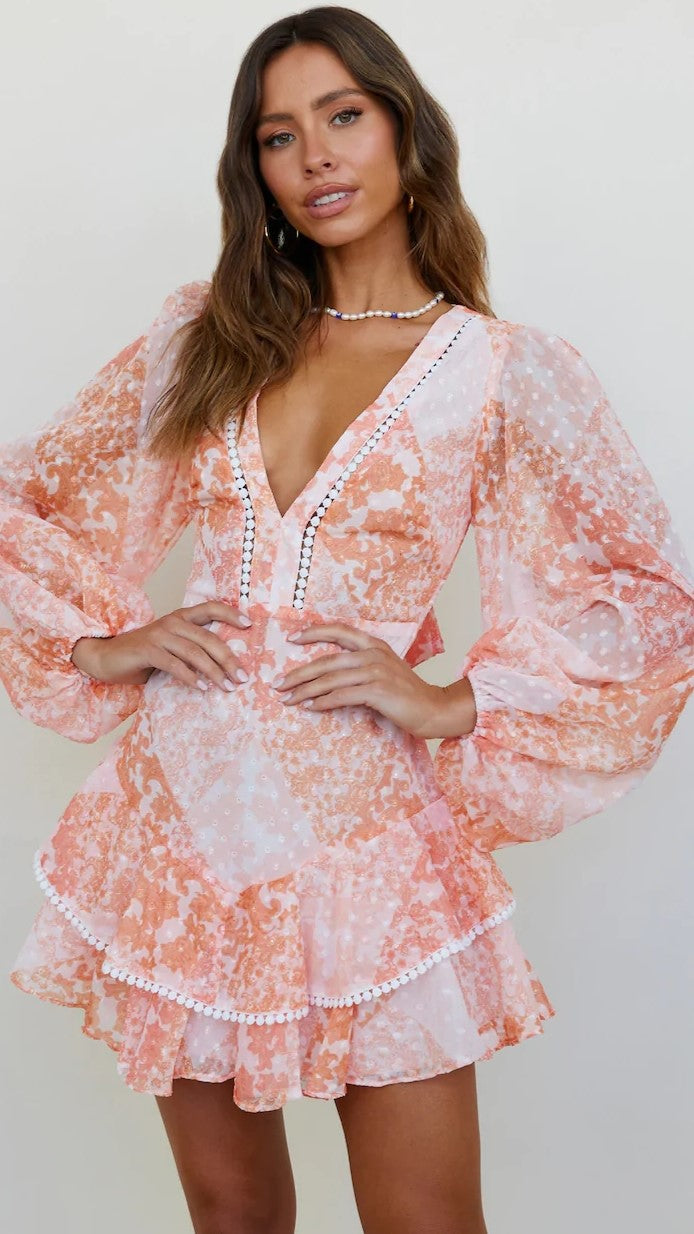 Coral Floral Long Sleeves Dress