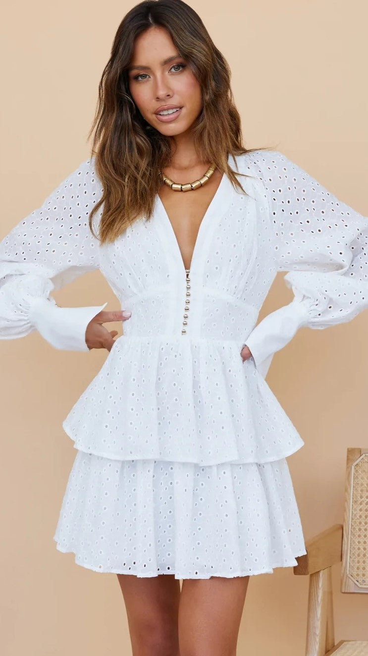 White Crochet Lace Long Sleeves Dress