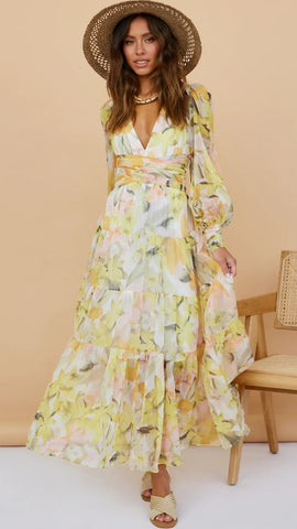 Yellow Floral Long Sleeves Midi Dress