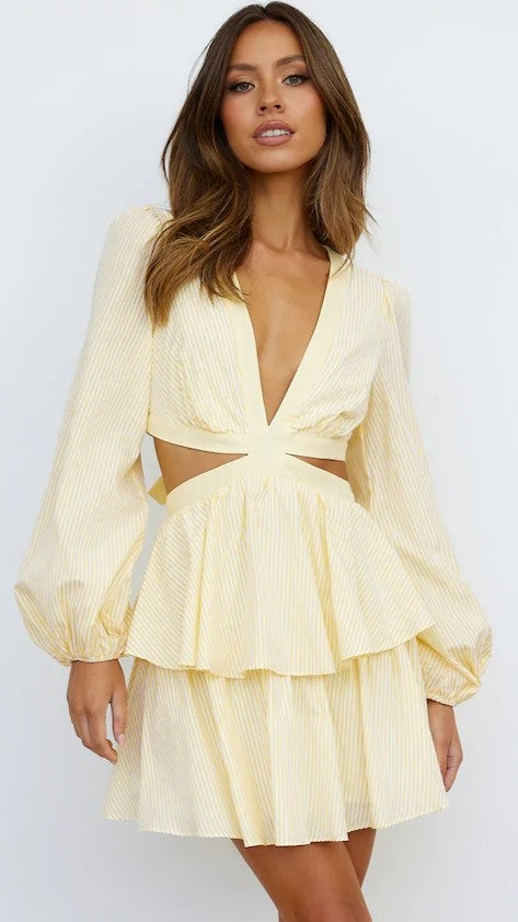 cut out long sleeve dress in yellow Long Flared Sleeve Cut Out Front Mini Dress In Yellow Linen | EGO US