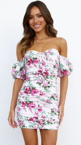 Pink Rose Print Off Shoulder Dress