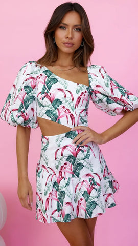 Green Leaves Print Cutout Mini Dress