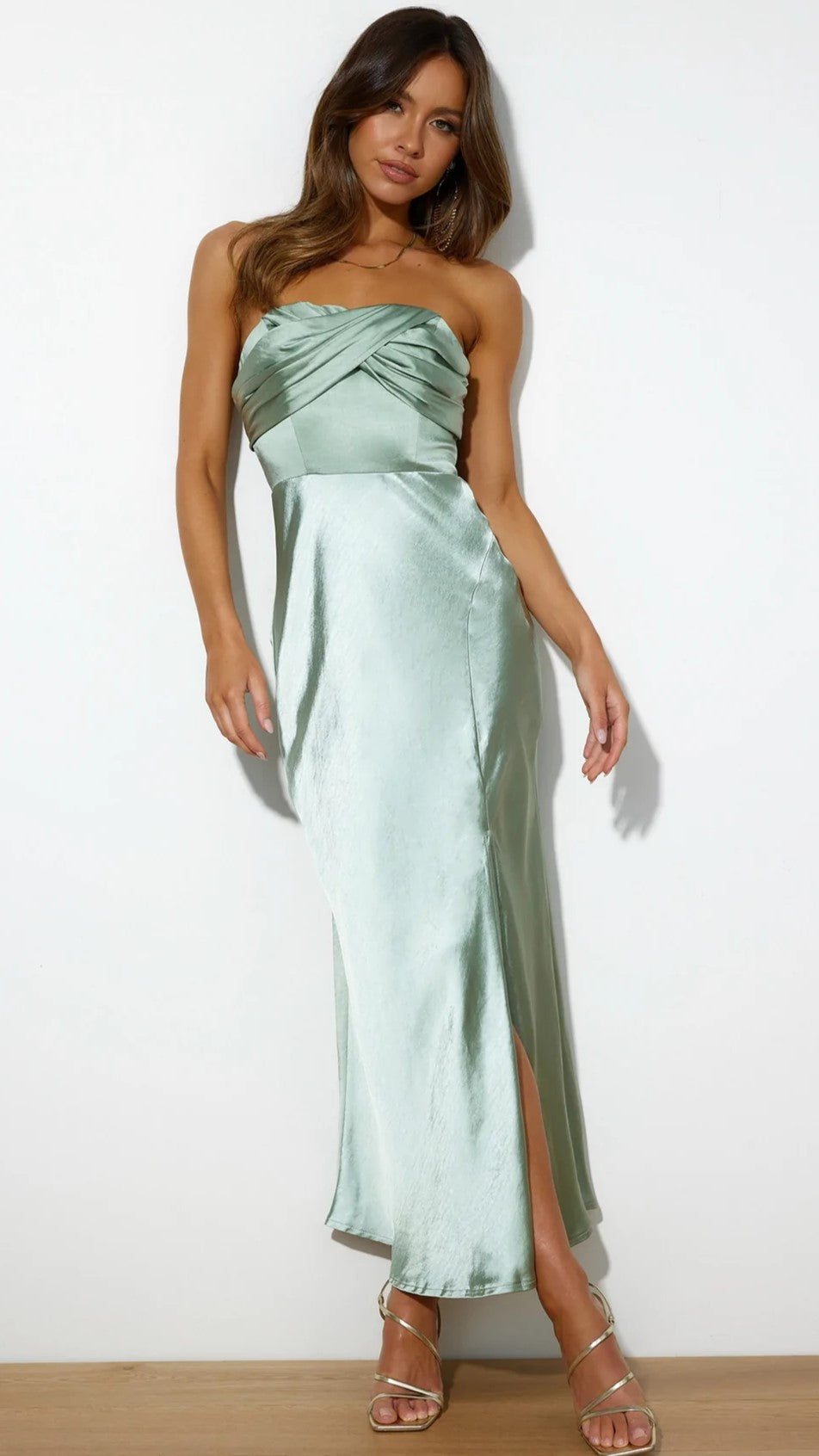 Sage Green Bandeau Satin Midi Dress