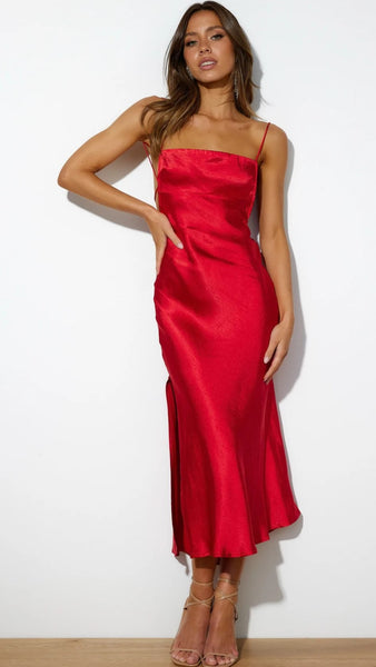 Red Slip Satin Midi Dress