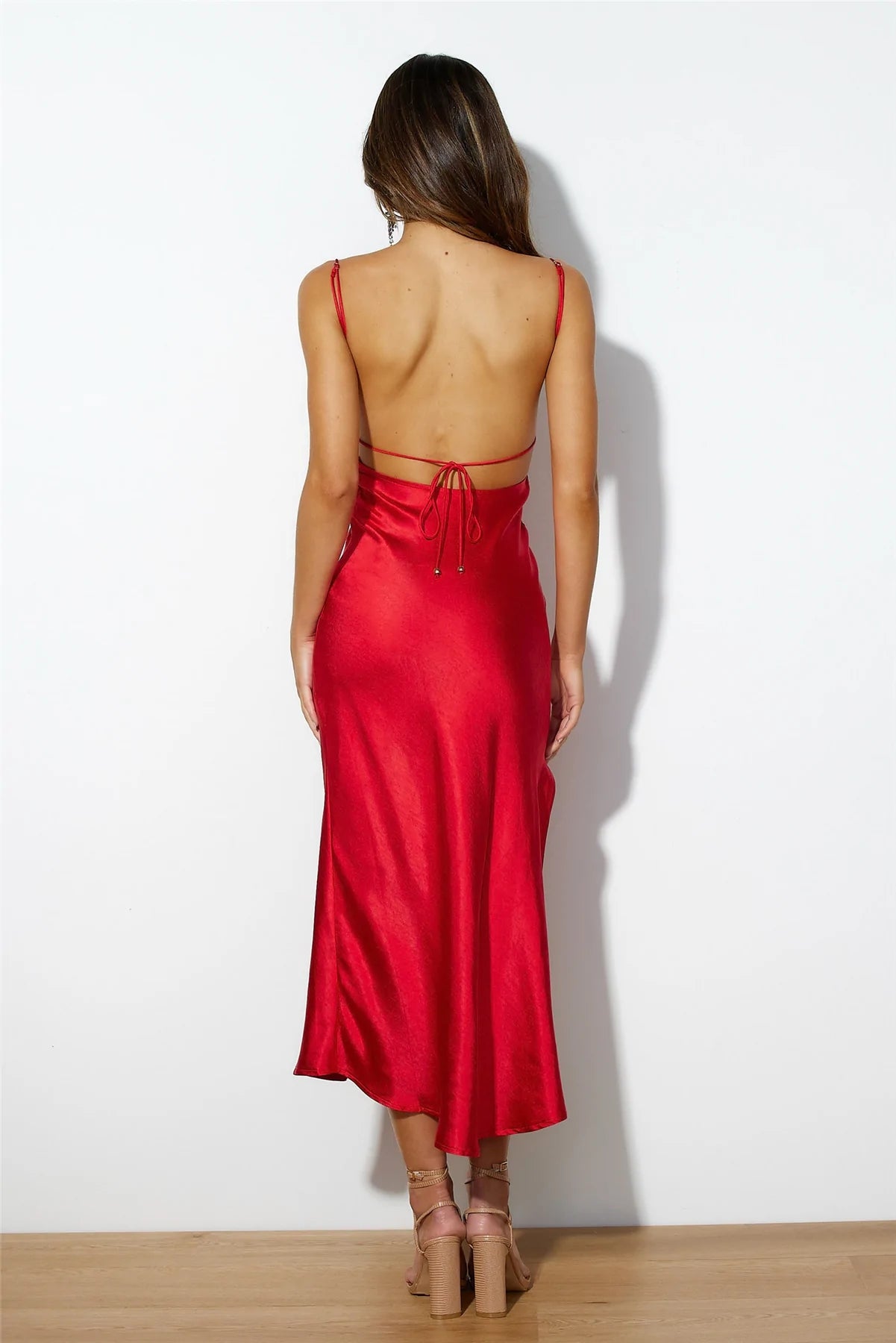 Red Slip Satin Midi Dress