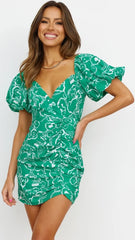 Green Floral Silhouette Print Mini Dress