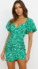 Green Floral Silhouette Print Mini Dress