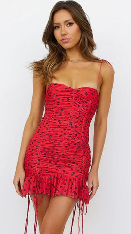 Red Floral Ruched Slip Dress