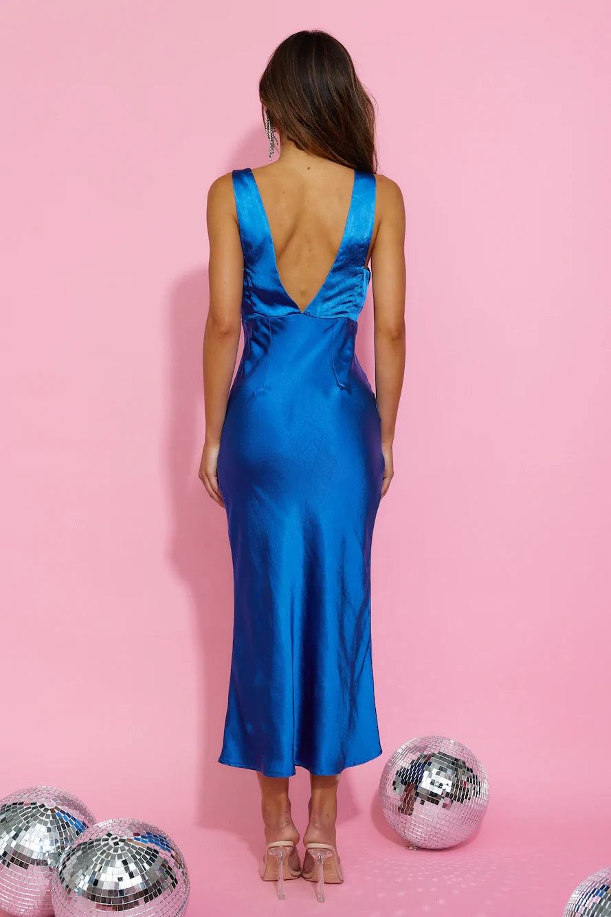 Royal Blue Satin Midi Dress