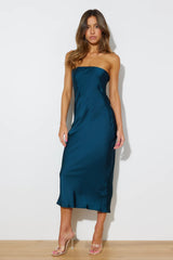 Teal Bandeau Satin Midi Dress