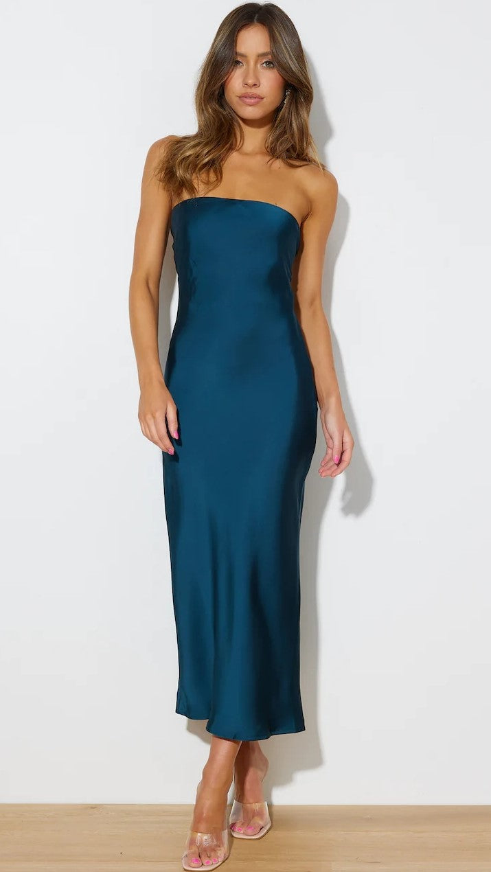 Teal Bandeau Satin Midi Dress