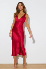 Red Satin Sleeveless Midi Dress
