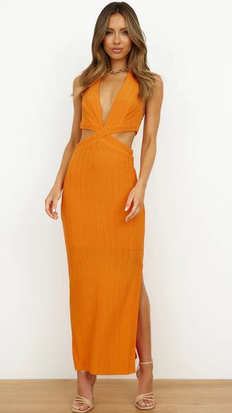 Orange Cutout Waist Halter Midi Dress